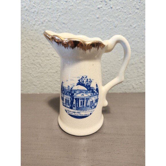 Vintage Monticello 5" Souvenir Pitcher Blue Transferware Gold Trim Crackle Glaze - Picture 10 of 10